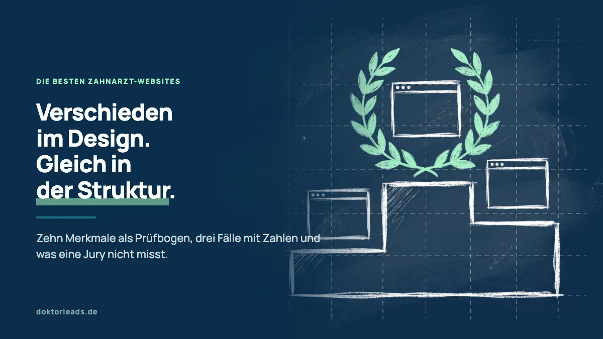 Kreidezeichnung eines Siegerpodests mit drei Browserfenstern, das oberste trägt einen grünen Lorbeerkranz