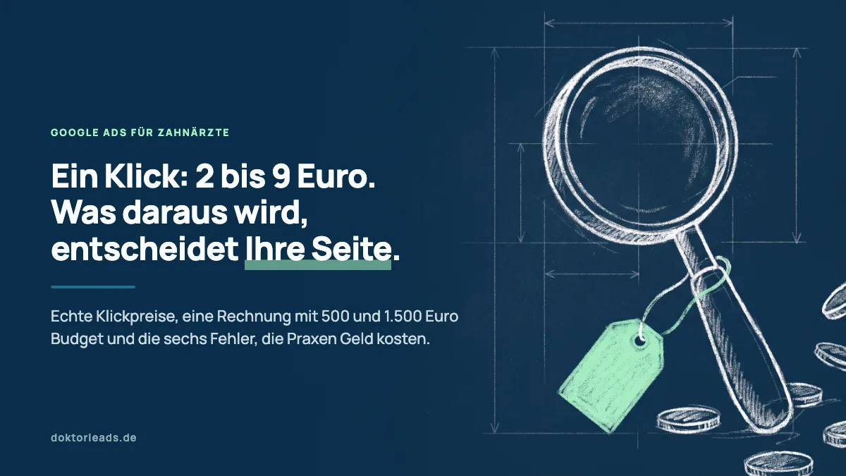 Balkendiagramm mit Klickpreisen für sechs Zahnarzt-Suchbegriffe bei Google, von 2,27 bis 9,04 Euro