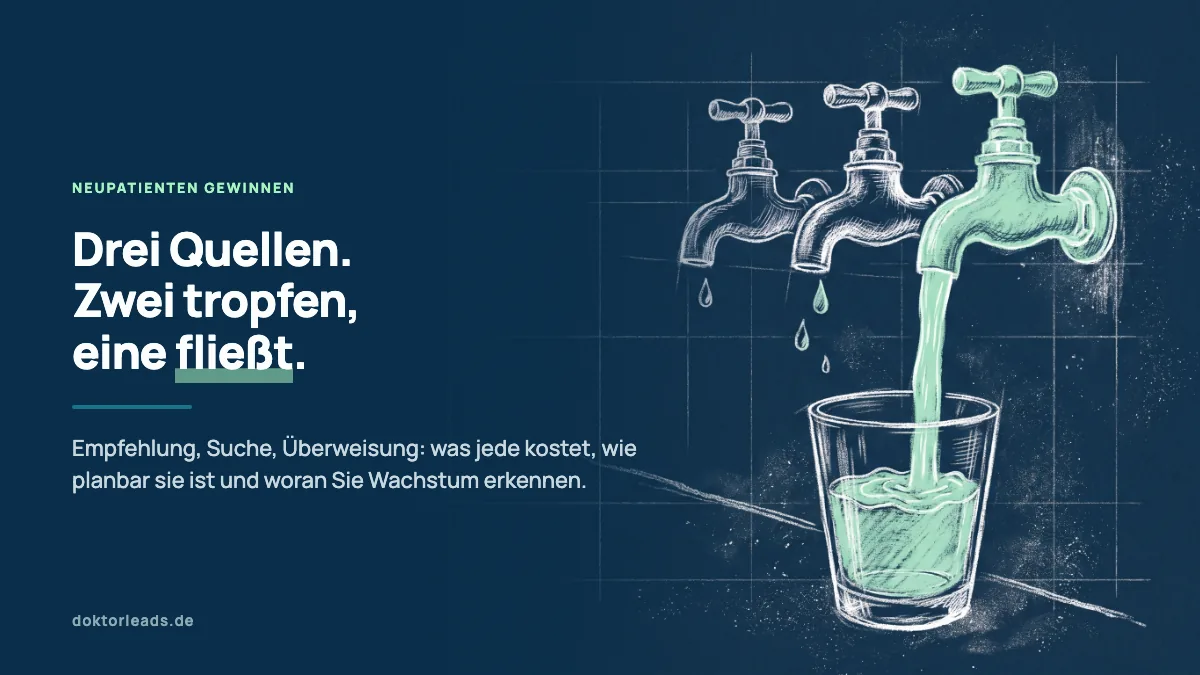 Kreidezeichnung von drei Wasserhähnen über einem Glas, zwei tropfen nur, aus dem dritten fließt ein grüner Strahl