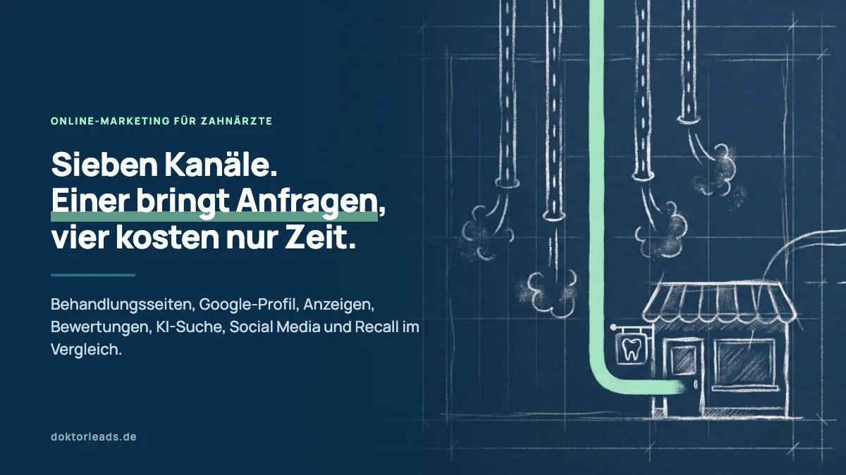 Kreidezeichnung von fünf Leitungen, die auf eine Zahnarztpraxis zulaufen, vier enden im Nichts, eine grün markierte führt in die Praxistür