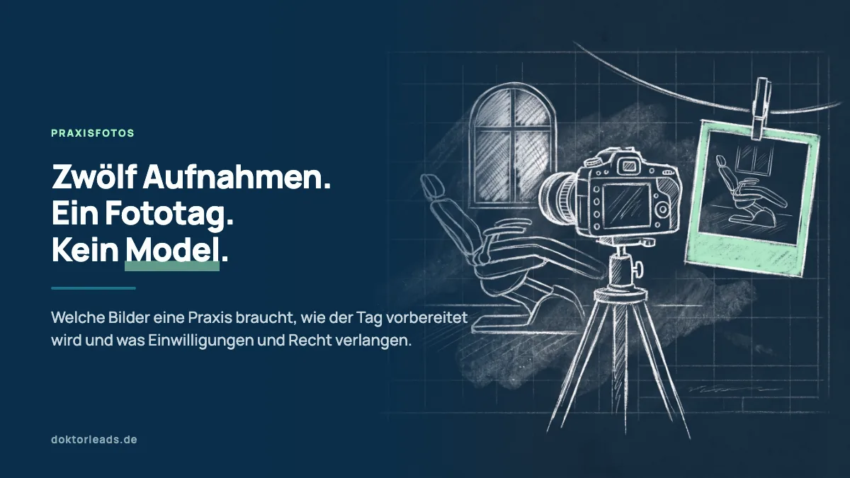 Kreidezeichnung einer Kamera auf Stativ vor einem Behandlungsstuhl, daneben hängt ein Foto mit grünem Rahmen