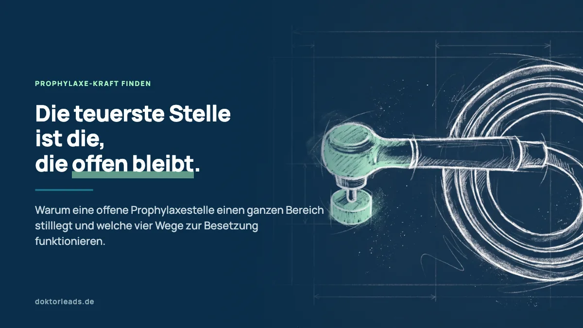 Kreidezeichnung eines Prophylaxe-Handstücks mit Schlauch und Polierkelch, der Kelch ist mint hervorgehoben