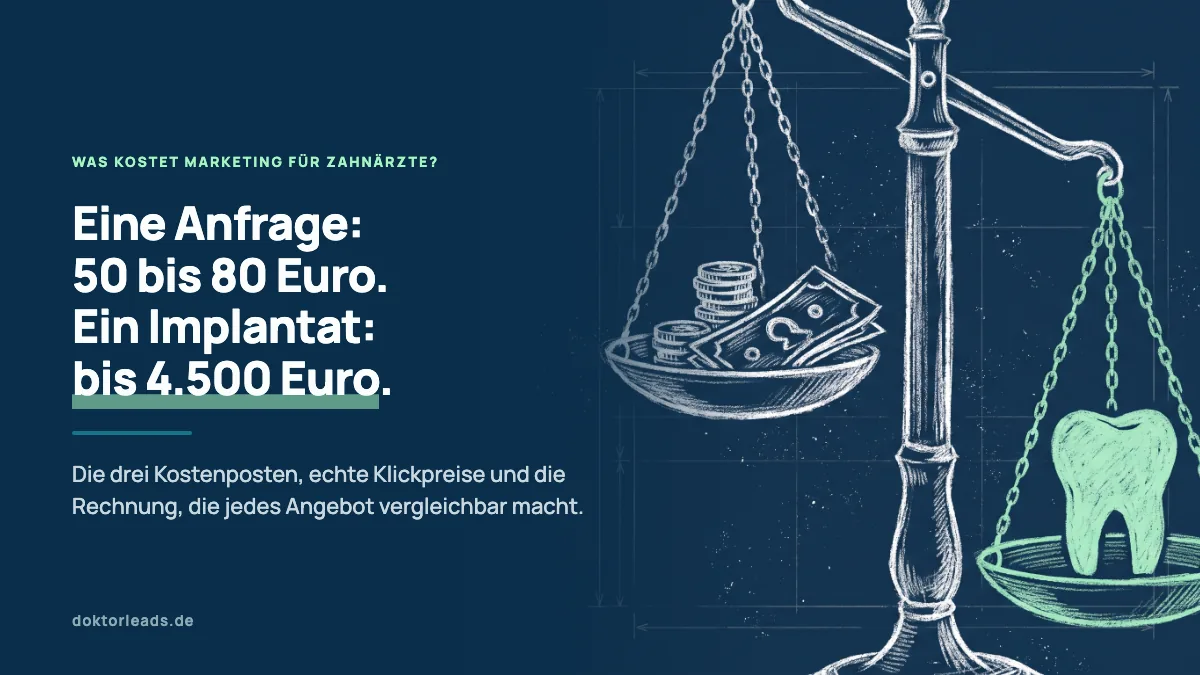 Kreidezeichnung einer Waage, auf der linken Schale Münzen und Scheine, auf der rechten ein grün markierter Zahn, der die Schale nach unten zieht