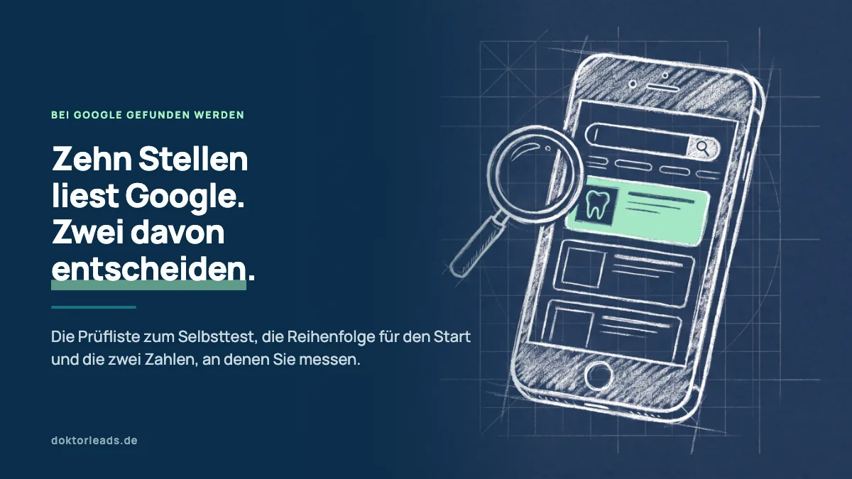 Kreidezeichnung eines Smartphones mit Suchergebnissen und einer Lupe, ein Ergebnis ist grün markiert und zeigt einen Zahn
