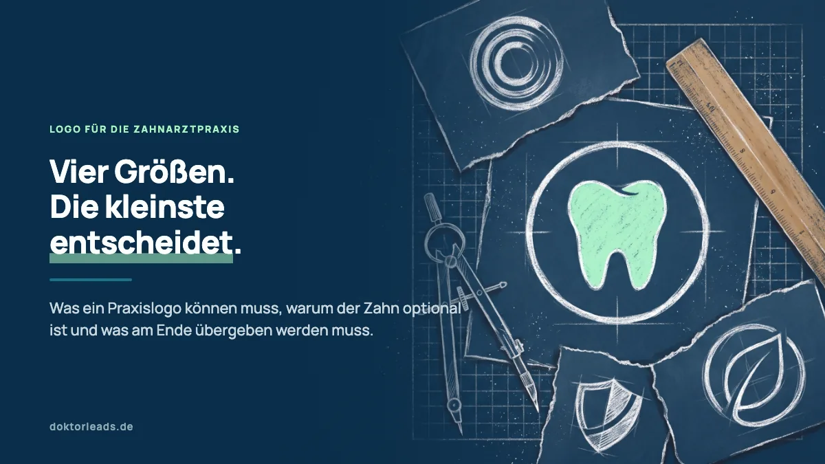 Kreidezeichnung eines Zeichentischs mit Zirkel und Logo-Entwürfen, ein Entwurf zeigt einen grün gefüllten Zahn im Kreis