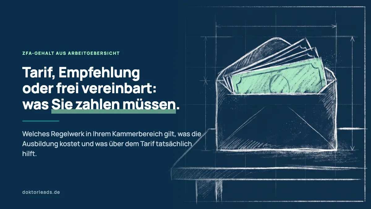 Kreidezeichnung einer Lohntüte mit herausschauenden Geldscheinen auf einem Tisch, der oberste Schein ist mint hervorgehoben