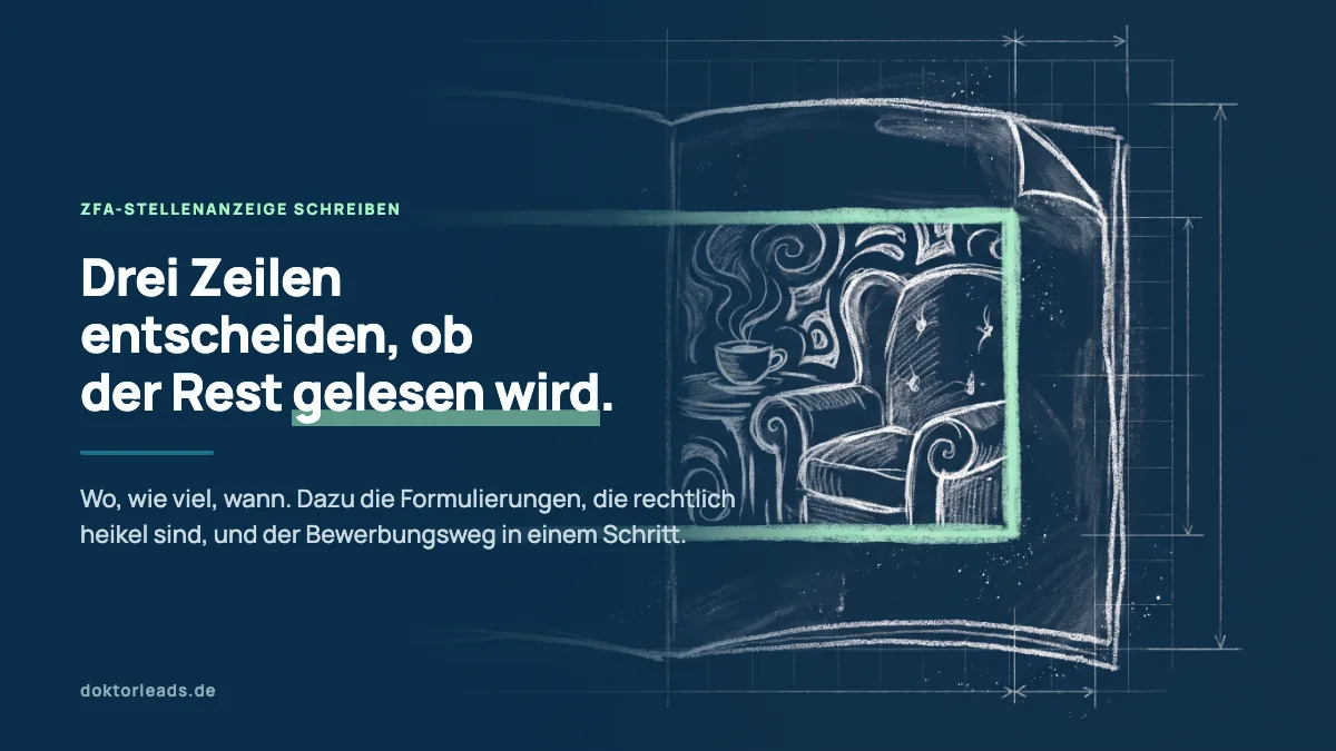 Kreidezeichnung einer aufgeschlagenen Zeitungsseite, eine einzelne Anzeige ist mit einem mint hervorgehobenen Rahmen umrandet